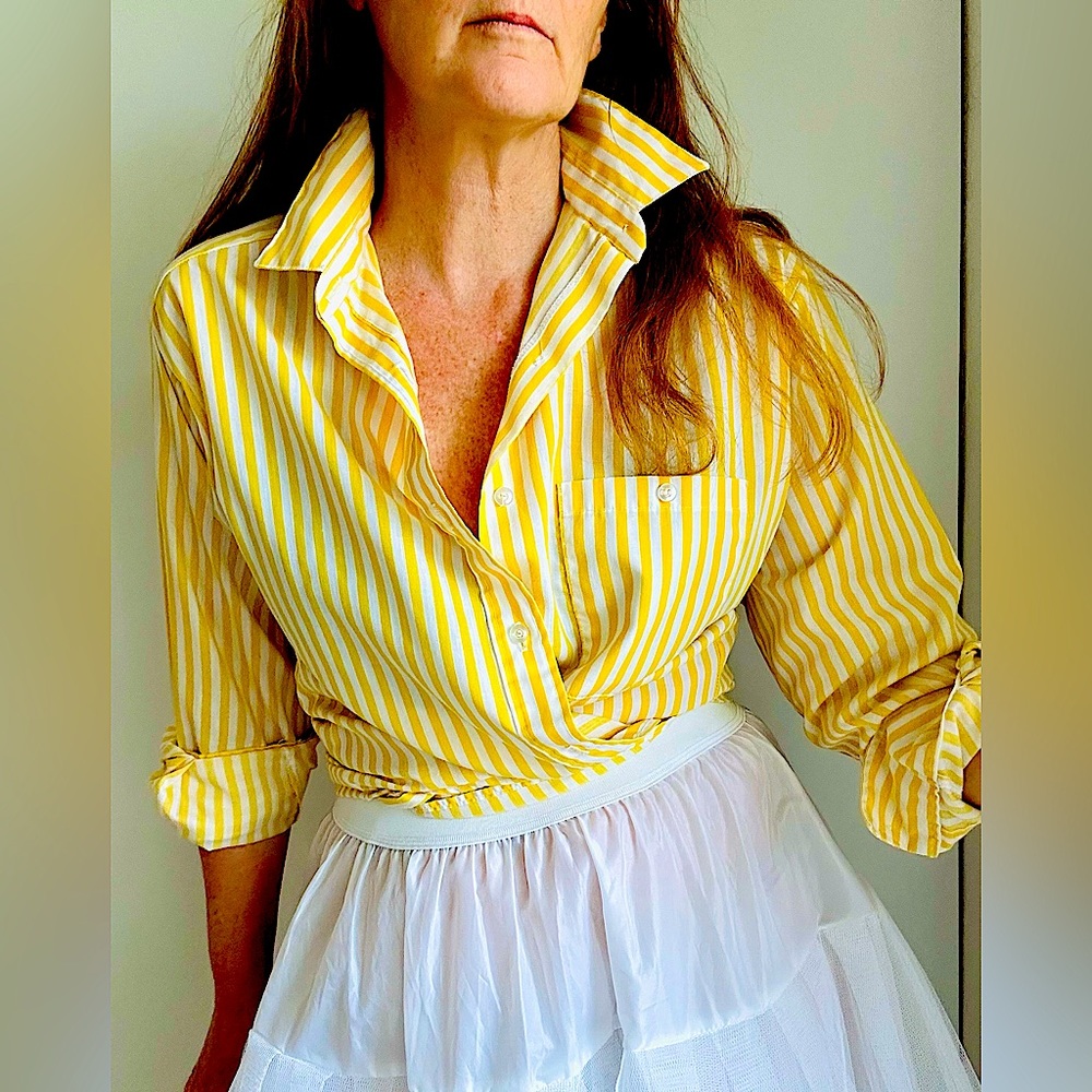 80s yellow striped button-up shirt is a vibrant nostalgic piece of fashion small